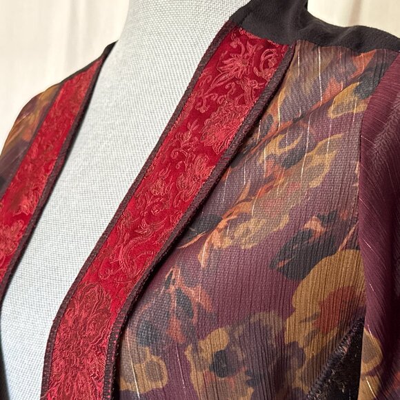 Vtg Studio VK Floral Kimono Cardigan Jacket Top Embroidered blk burg gold PL - Picture 4 of 9